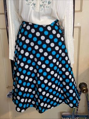 TURQUOISE WHITE POLKA DOT NAVY SKIRT A-Line Full 100% Cotton!